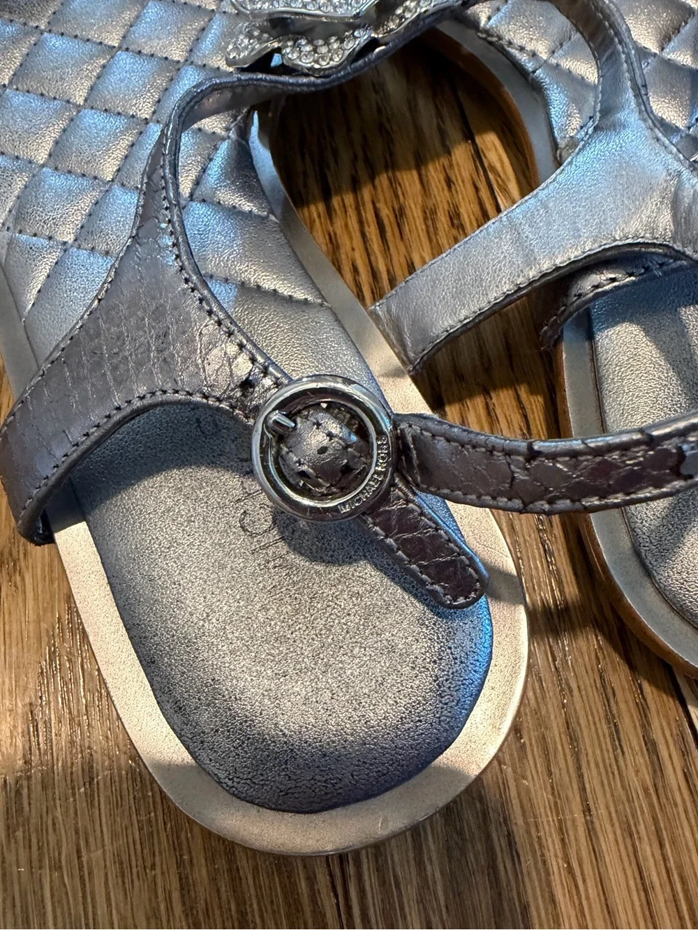 Women’s Silver Flower T-Strap Sandal